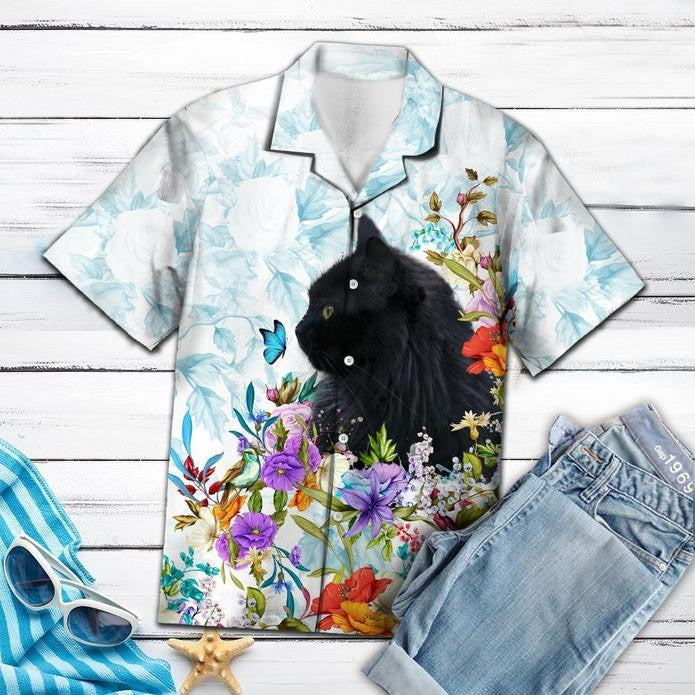 Black Cat Floral Hawaiian Shirt