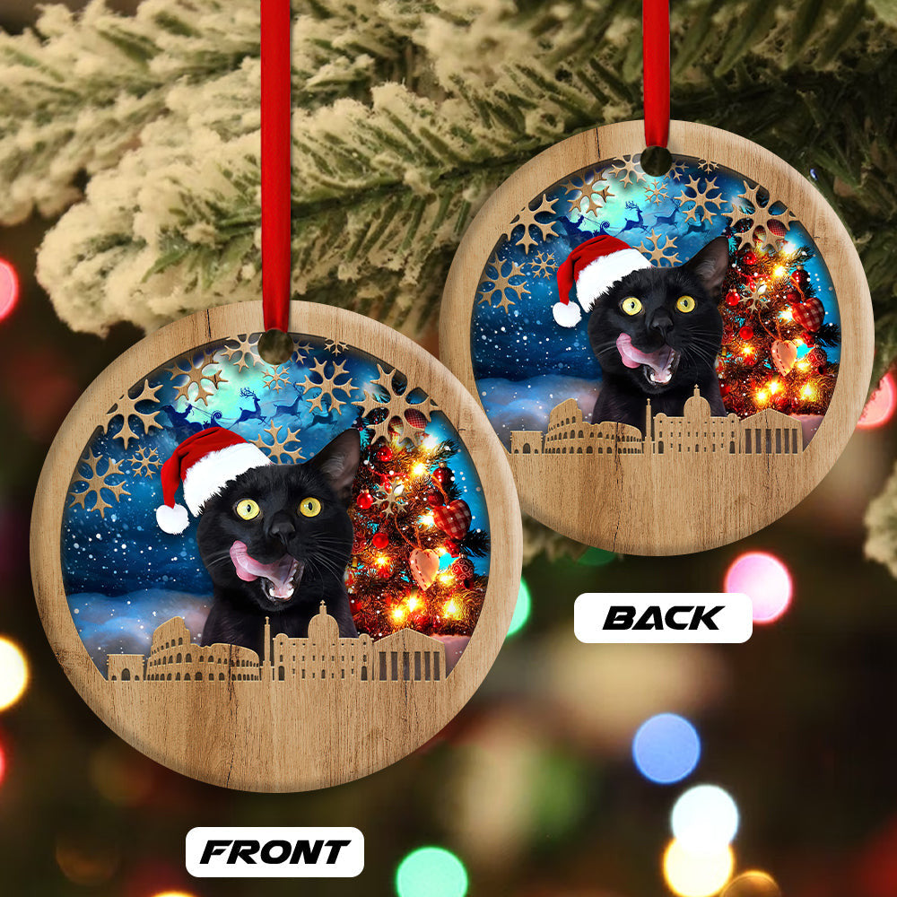 Black Cat Happy Xmas Light Santa Claus Ornament 2