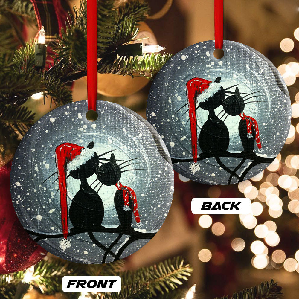Christmas Cat Couple Lover With Moon Round Ornament 2
