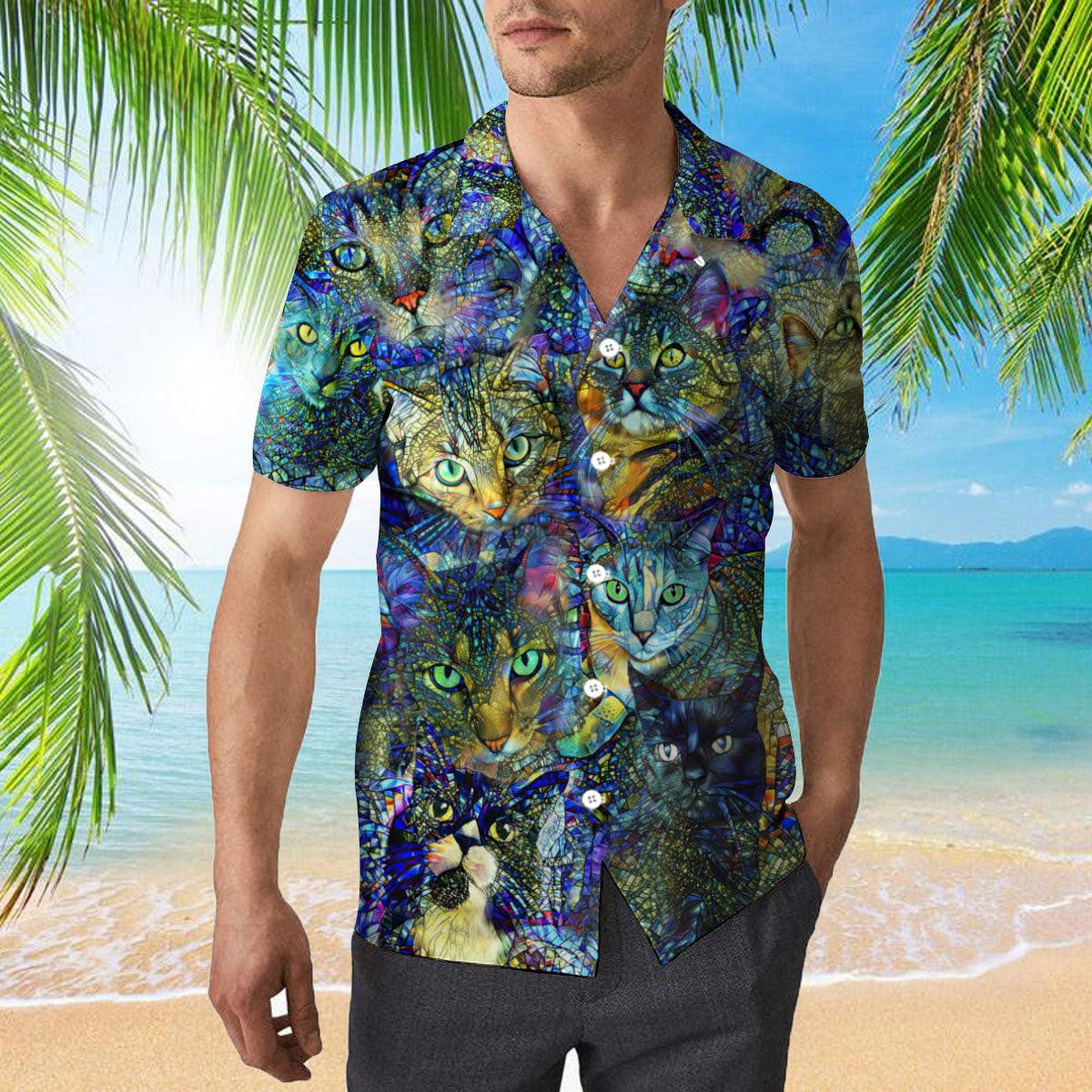 Crazy Colorful Cat Stained Glass Hawaiian Shirt