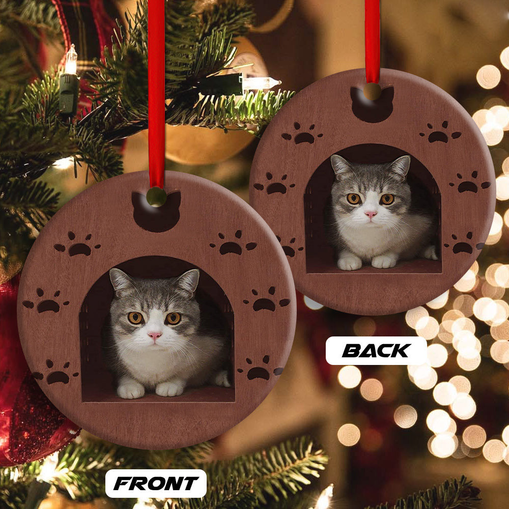 Kitty Cat Wooden House Cat Shelter Round Christmas Ornament 2