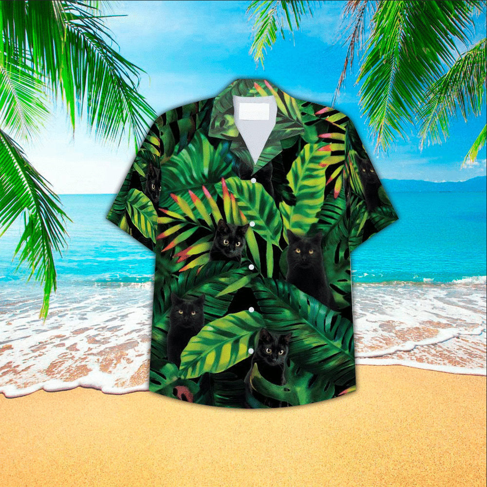 Tropical Leaves Black Cat Hawaiian Shirt