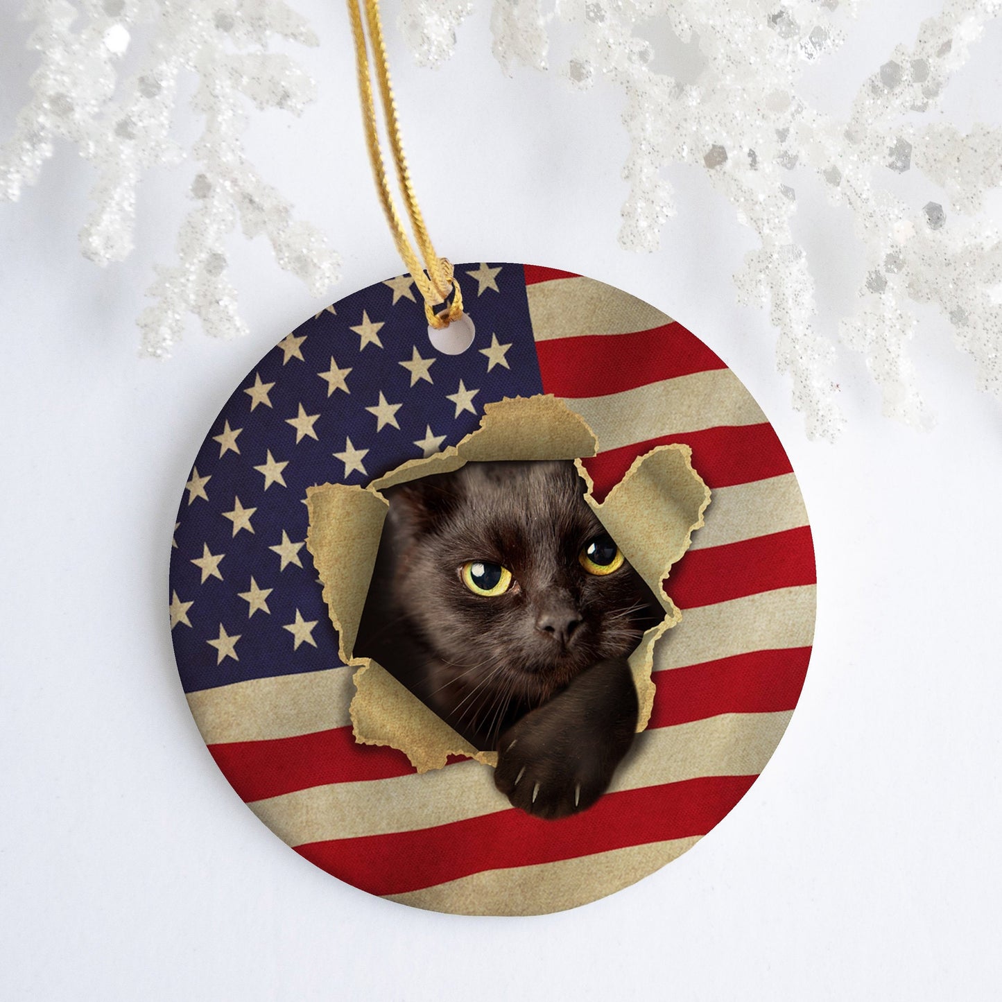 4th of July Black Cat Holiday Flat Round Christmas Ornament