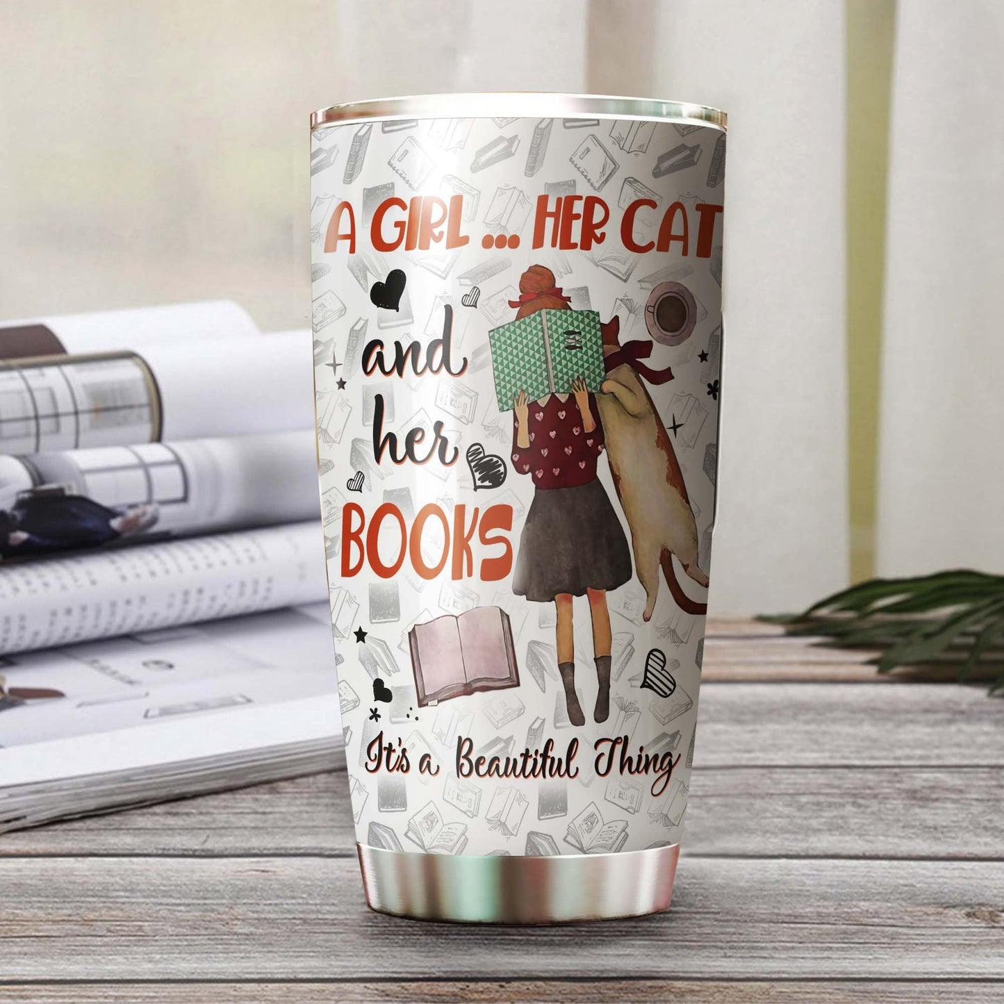 A Girl Her Cat And Her Books Personalized Tumbler