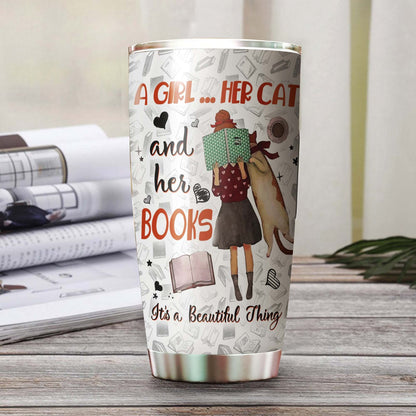 A Girl Her Cat And Her Books Personalized Tumbler