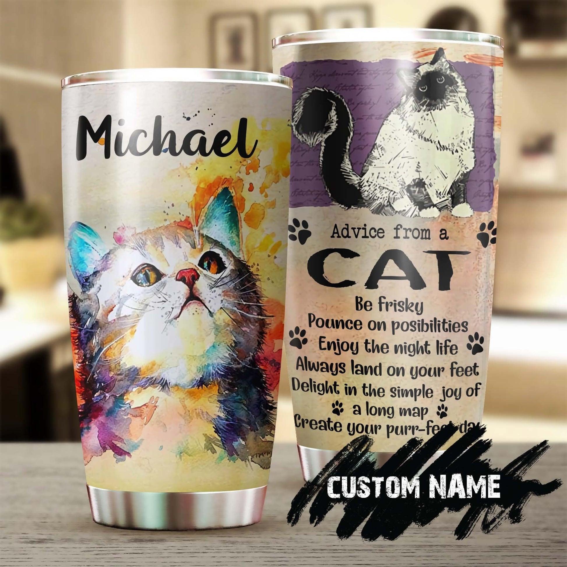 Advice From A Cat Watercolor Cat Personalized Tumbler