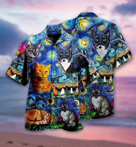 Amazing Starry Night Cat Unisex Hawaiian Shirt
