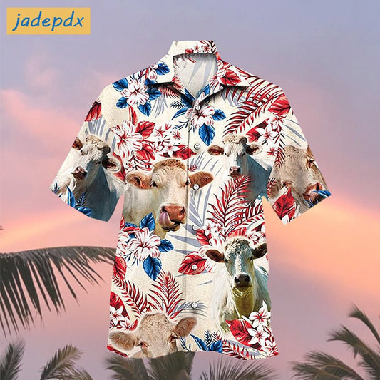 American Charolais Cattle Floral Tropical Hawaiian Shirt