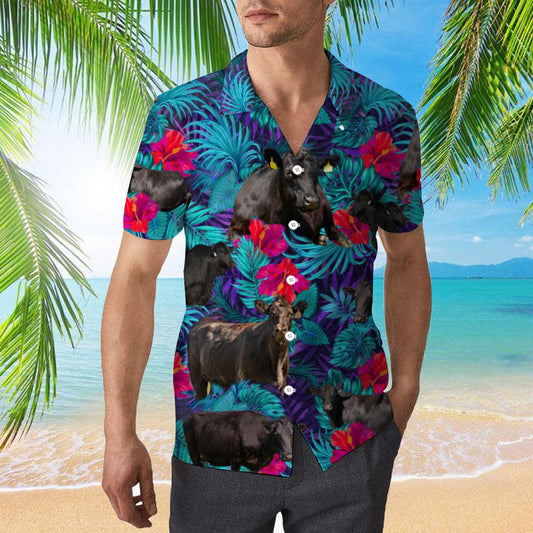 Black Angus Blue Neon Cattle Lovers Hawaiian Shirt