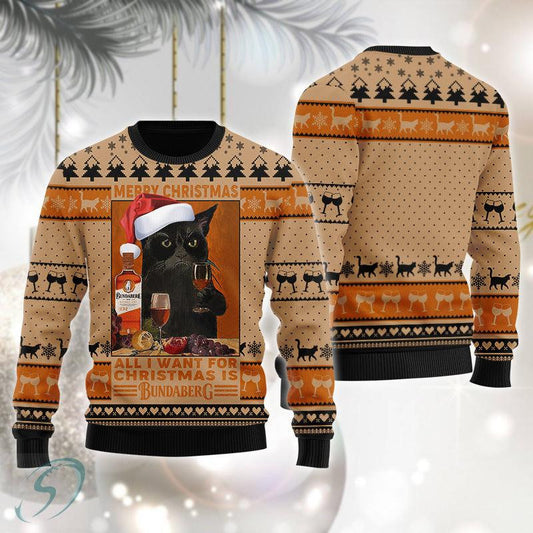 Black Cat Drinking Bundaberg Ugly Christmas Sweater