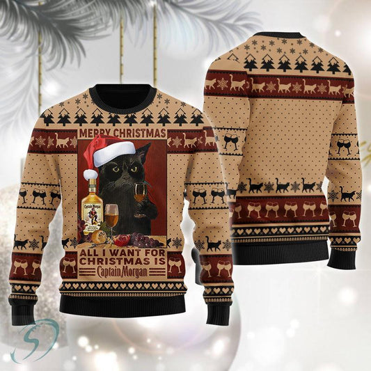Black Cat Drinking Captain Morgan Ugly Christmas Sweater