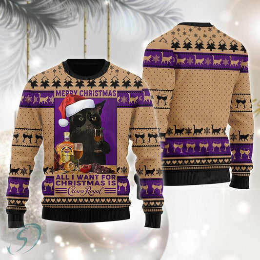 Black Cat Drinking Crown Royal Ugly Christmas Sweater