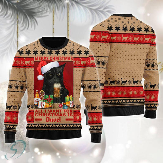 Black Cat Drinking Duvel Beer Ugly Christmas Sweater