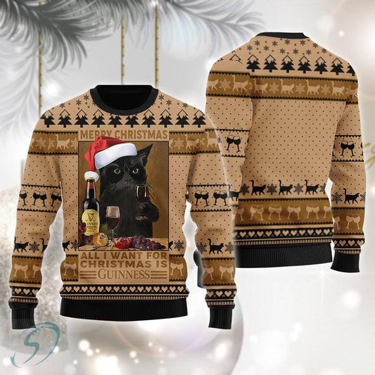 Black Cat Drinking Guinness Beer Ugly Christmas Sweater