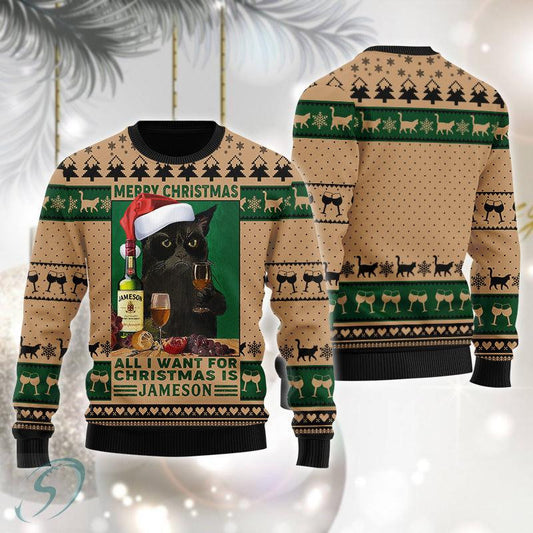 Black Cat Drinking Jameson Ugly Christmas Sweater