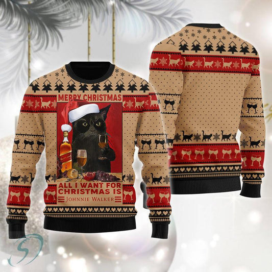 Black Cat Drinking Johnnie Walker Ugly Christmas Sweater