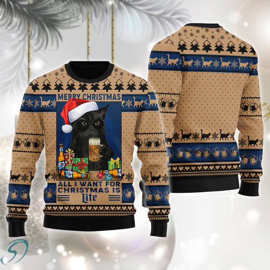 Black Cat Drinking Miller Lite Ugly Christmas Sweater