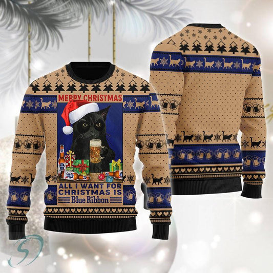 Black Cat Drinking Pabst Blue Ribbon Ugly Christmas Sweater