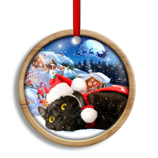 Black Cat Happy Xmas Light Decor Tree Hanging Round Ornament