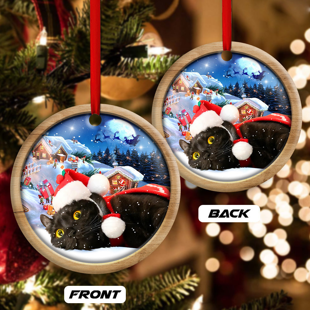 Black Cat Happy Xmas Light Decor Tree Hanging Round Ornament 2
