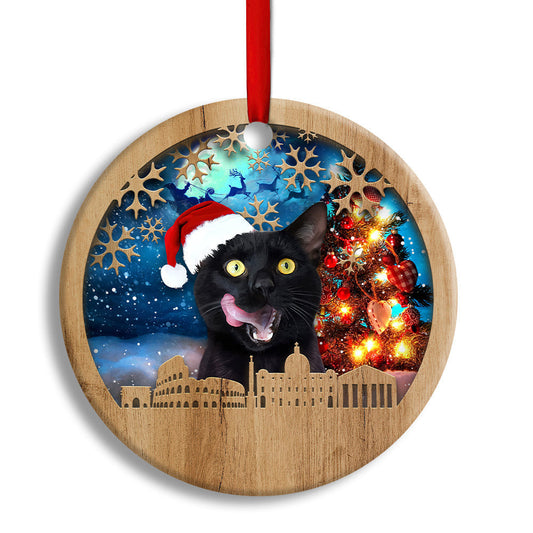 Black Cat Happy Xmas Light Santa Claus Ornament