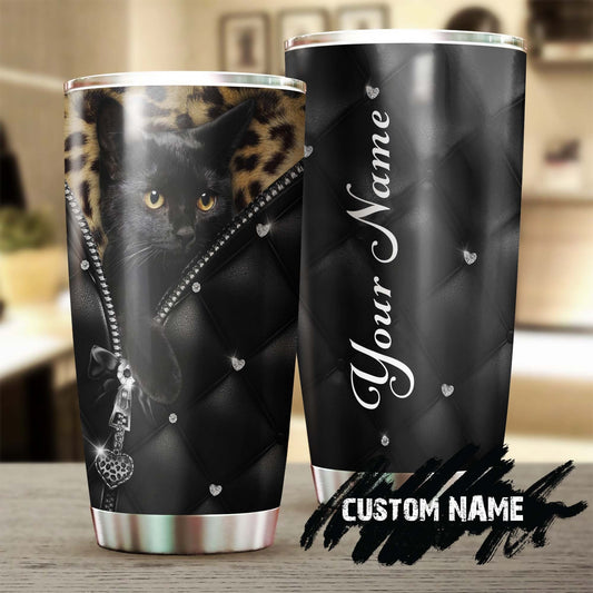Black Cat Leather Style Personalized Tumbler