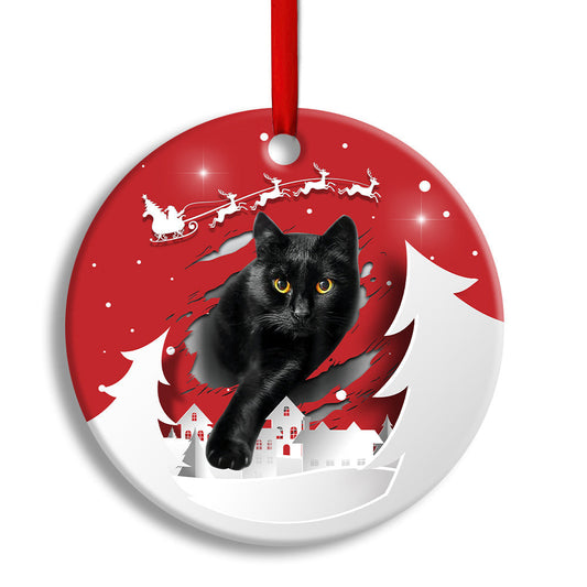 Black Cat Love Xmas Paper Cut Decor Tree Hanging Round Ornament