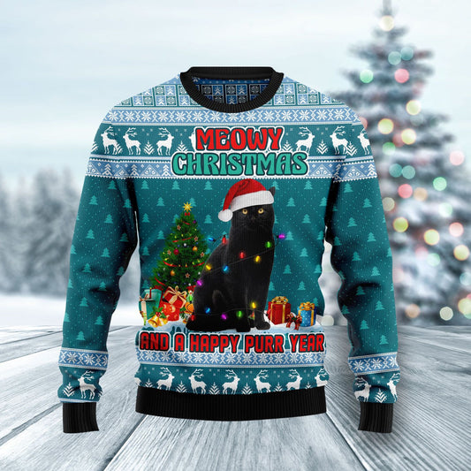 Black Cat Meomy And A Happy Purr Year Ugly Sweater