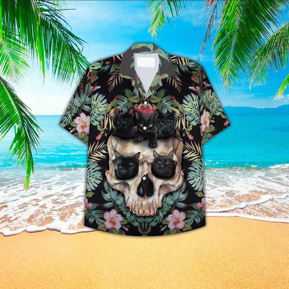Black Cat Skull Tropical Hawaiian Shirt