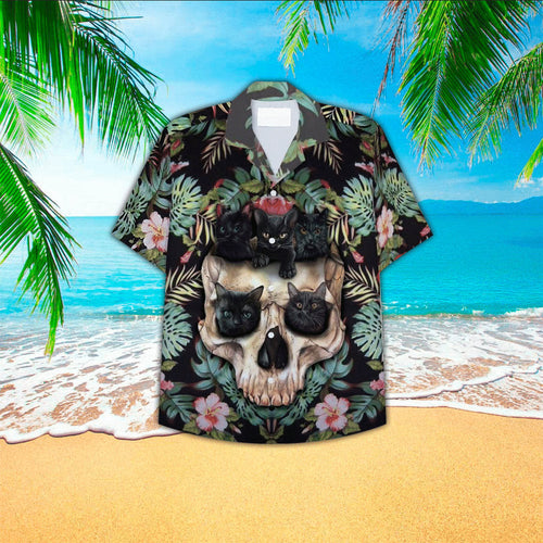 Black Cat Skull Tropical Hawaiian Shirt