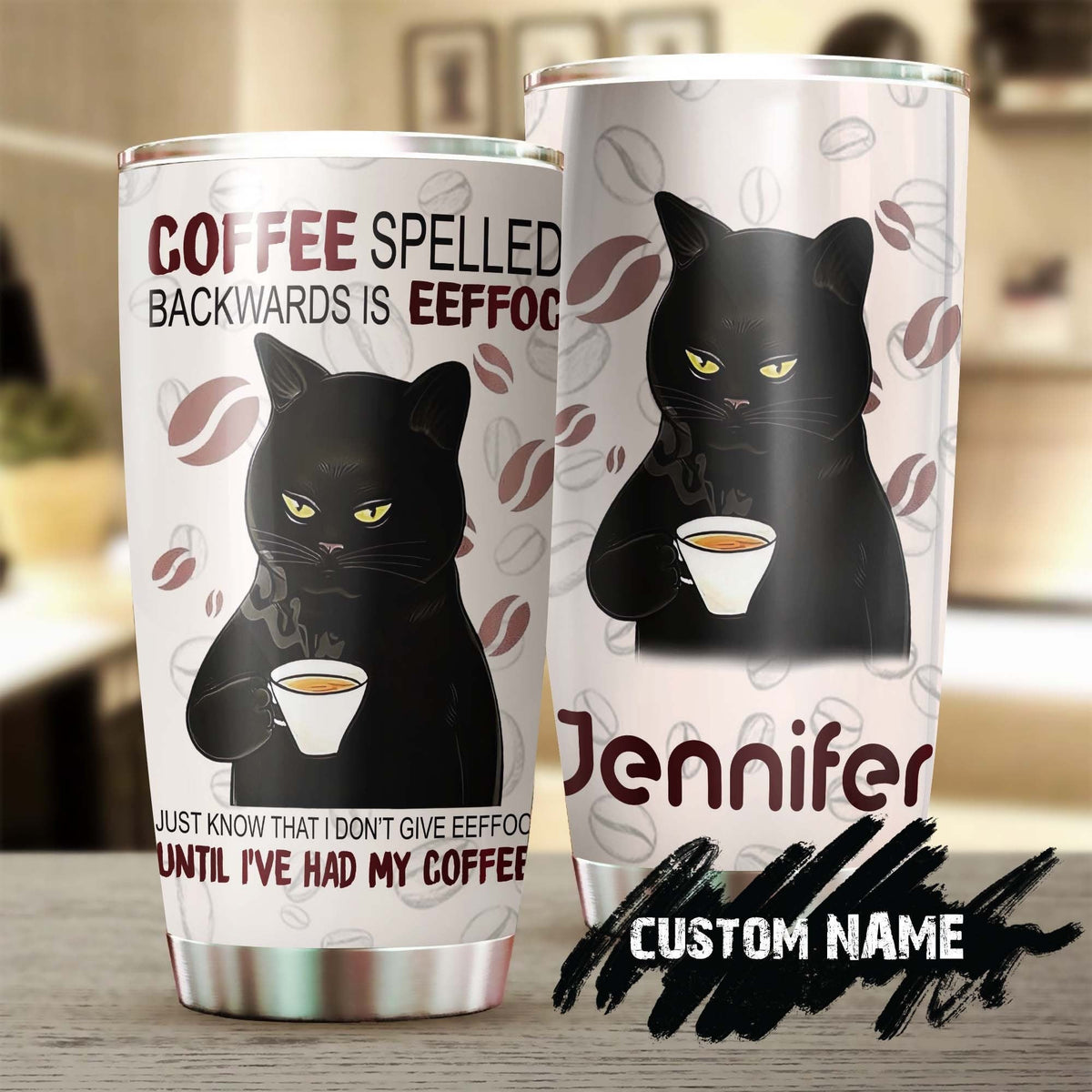 Black Cat Spelling Coffee Backward Personalized Tumbler