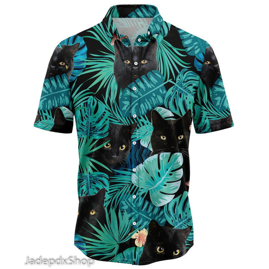 Black Cat Tropical Hawaiian Shirt