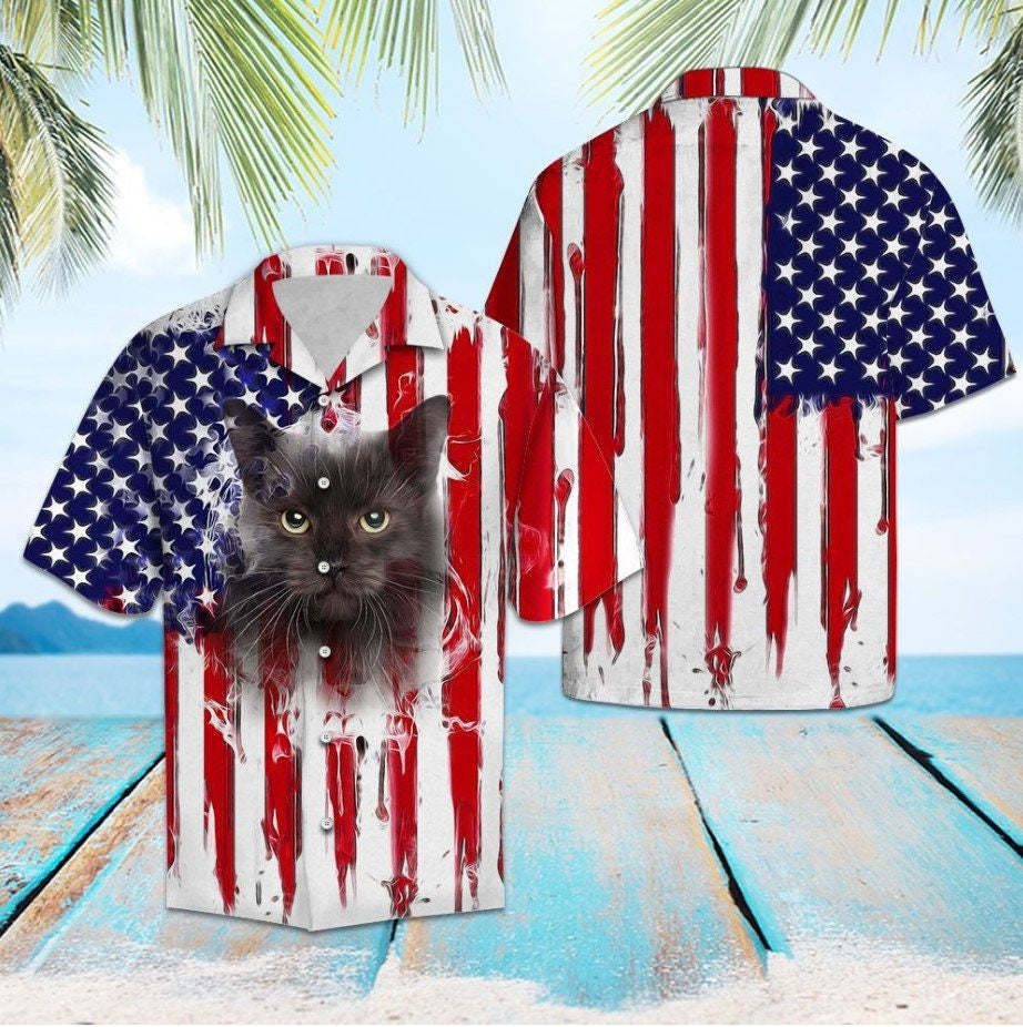 Black Cat US Flag Hawaiian Shirt