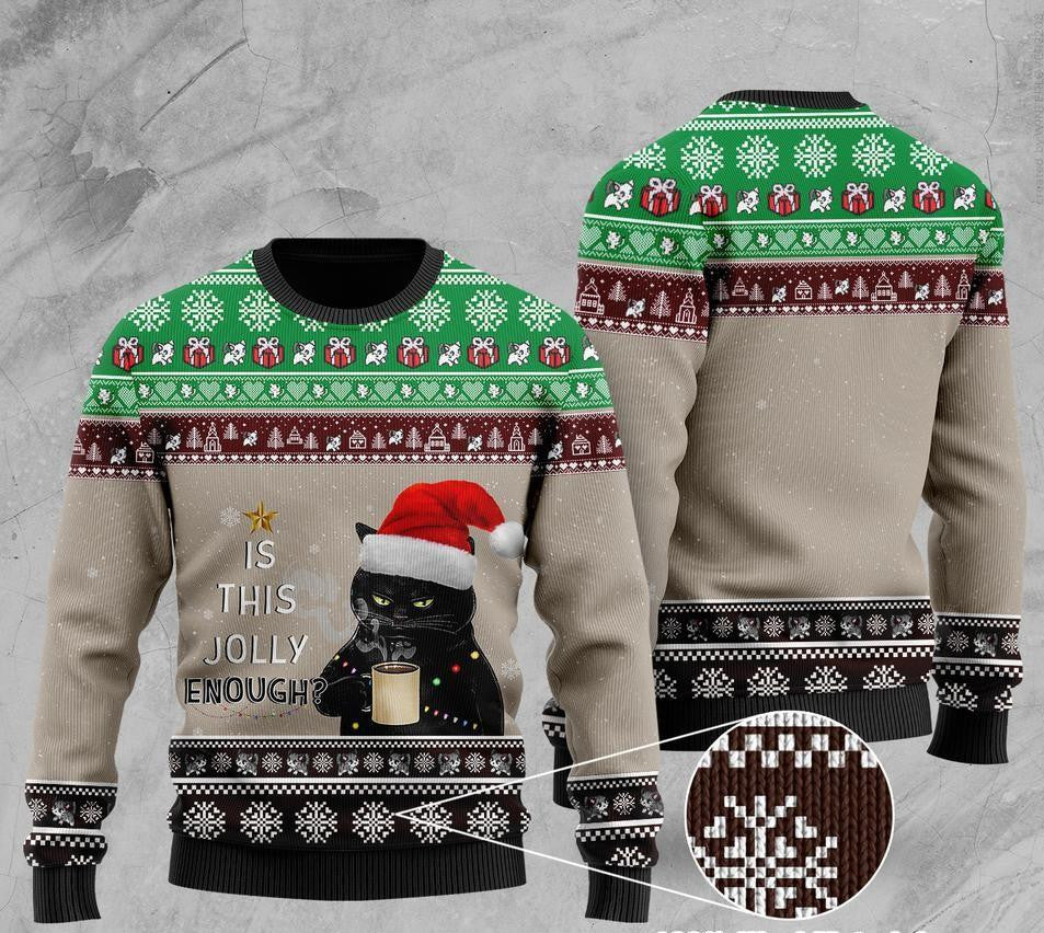 Black Cat With Coffee Is This Jolly Enough Ugly Sweater