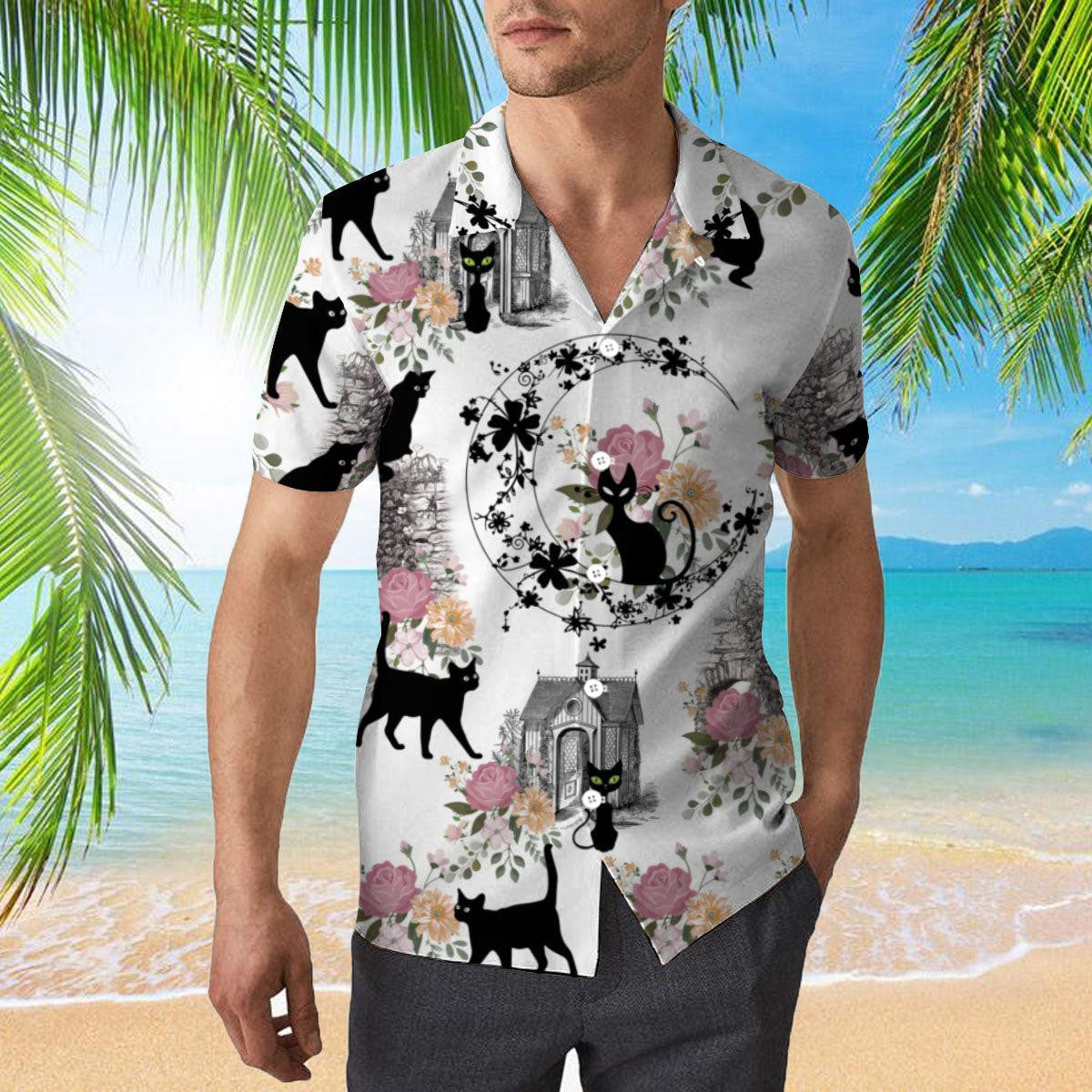 Black Cats With Flowers Hawaiian Shirt