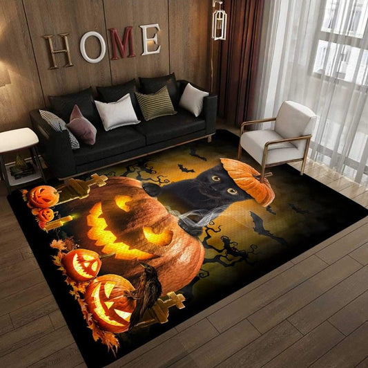 Black Cat Pumpkin Halloween Rectangle Rug Home Decor