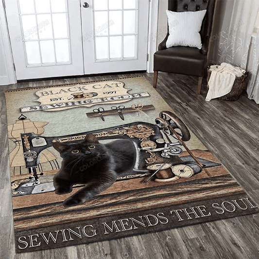 Black Cat Sewing Rectangle Rug Home Decor