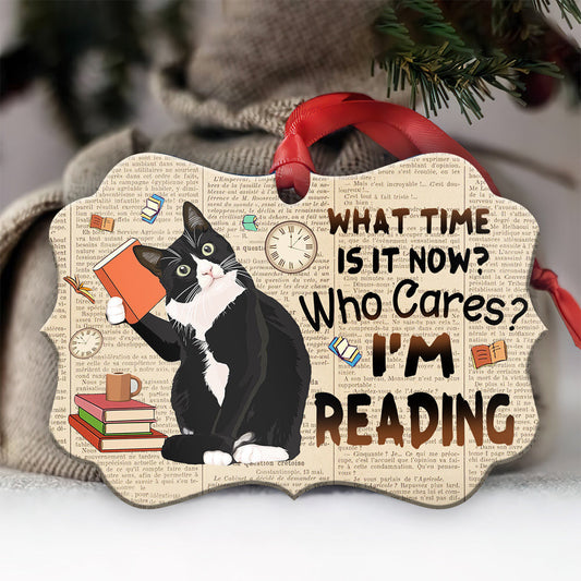 Book And Tuxedo Cat Who Cares Horizontal Ornament
