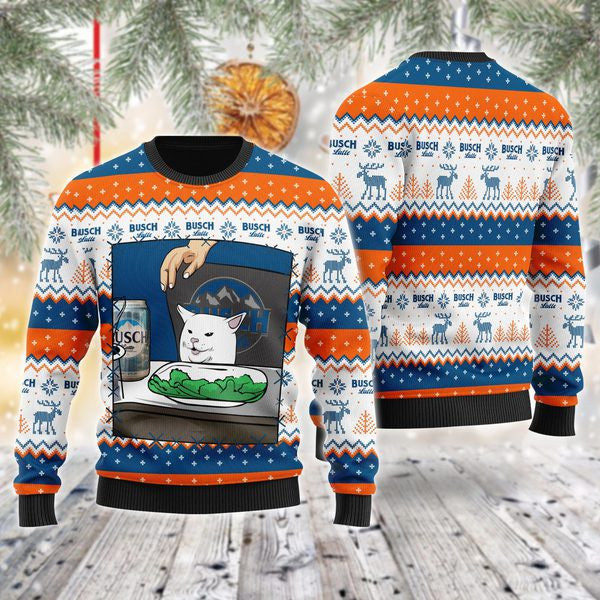 Busch Latte Cat Meme Christmas Ugly Sweater