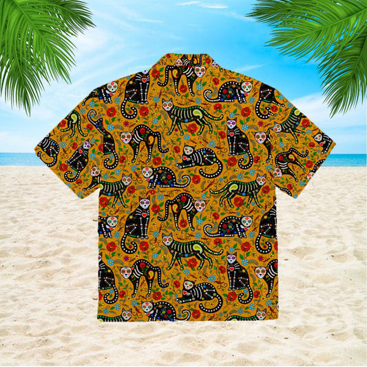 Calavera Sugar Skull Black Cats In Mexican Style Hawaiian Shirt