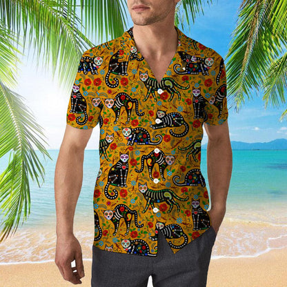 Calavera Sugar Skull Black Cats In Mexican Style Hawaiian Shirt 1