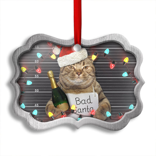 Cat Bad Santa Champagne And Santa Hat Horizontal Ornament