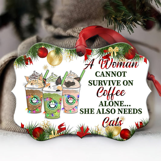 Cat Christmas Coffee Alone Horizontal Ornament