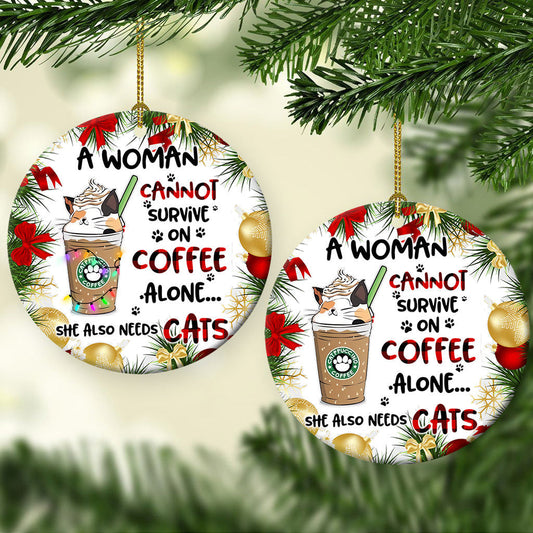 Cat Christmas Coffee Lover Round Ornament