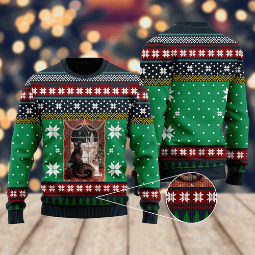 Cat Christmas Snow Window Ugly Christmas Sweater
