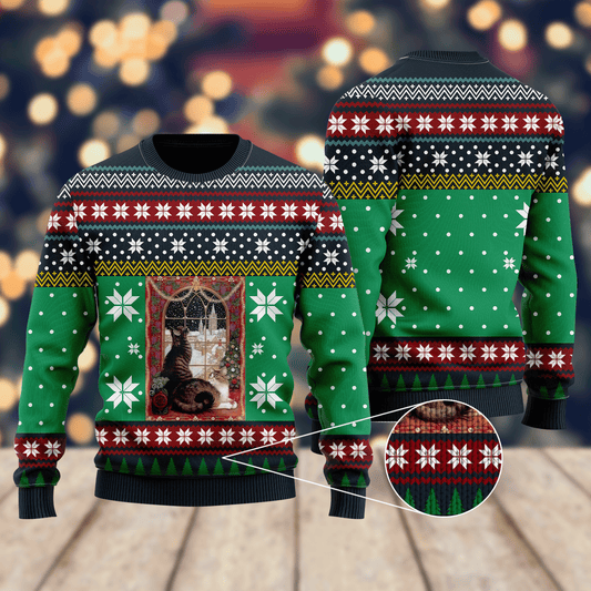 Cat Christmas Snow Window Ugly Christmas Sweater