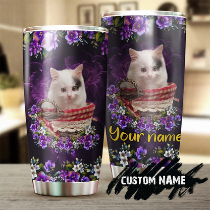 Cat Cute Kitty With Purple Flowers Personalized Tumbler