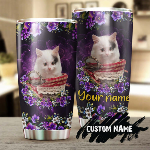 Cat Cute Kitty With Purple Flowers Personalized Tumbler