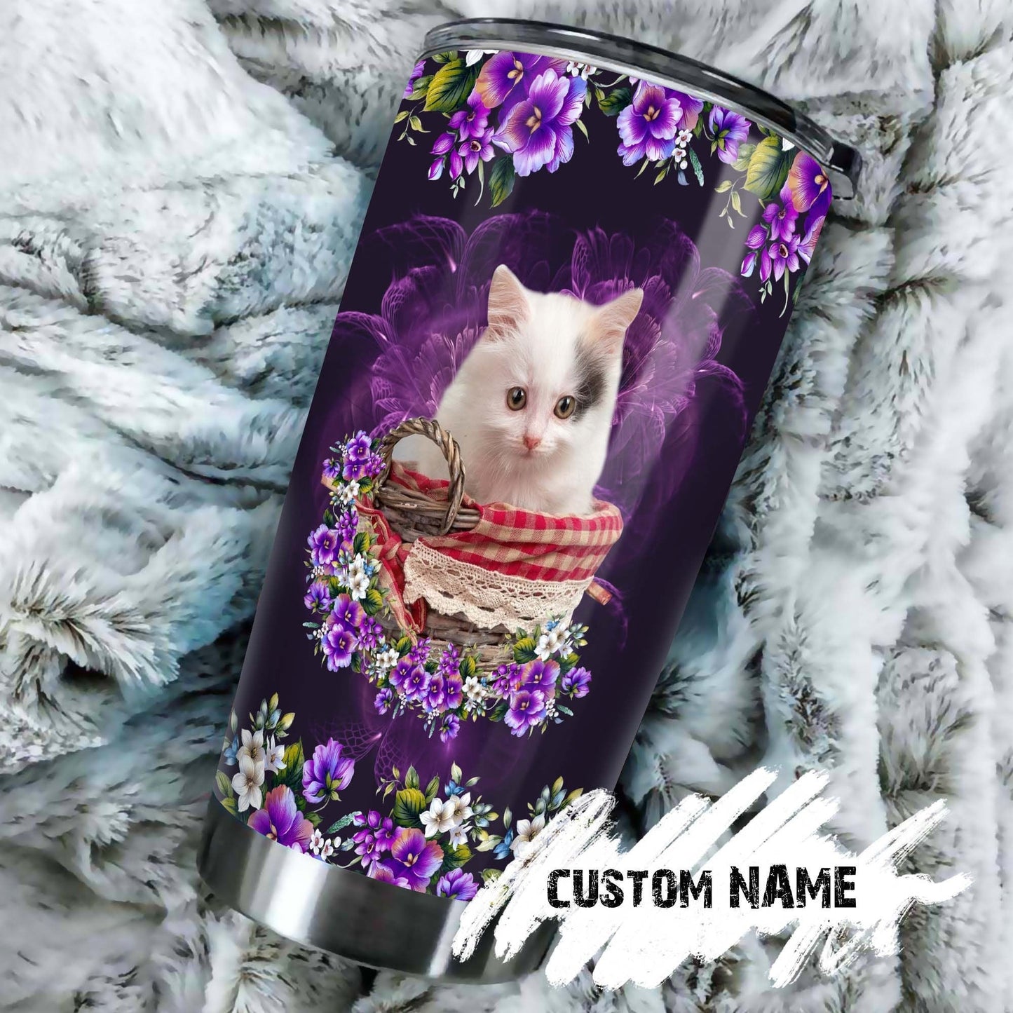 Cat Cute Kitty With Purple Flowers Personalized Tumbler 1