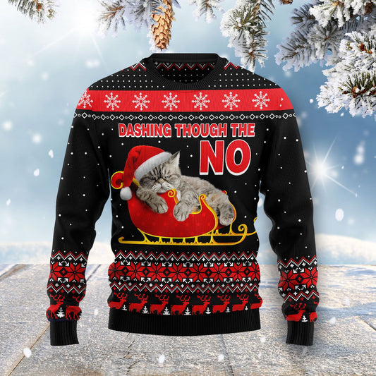 Cat Dashing Through The No Ugly Christmas Sweater